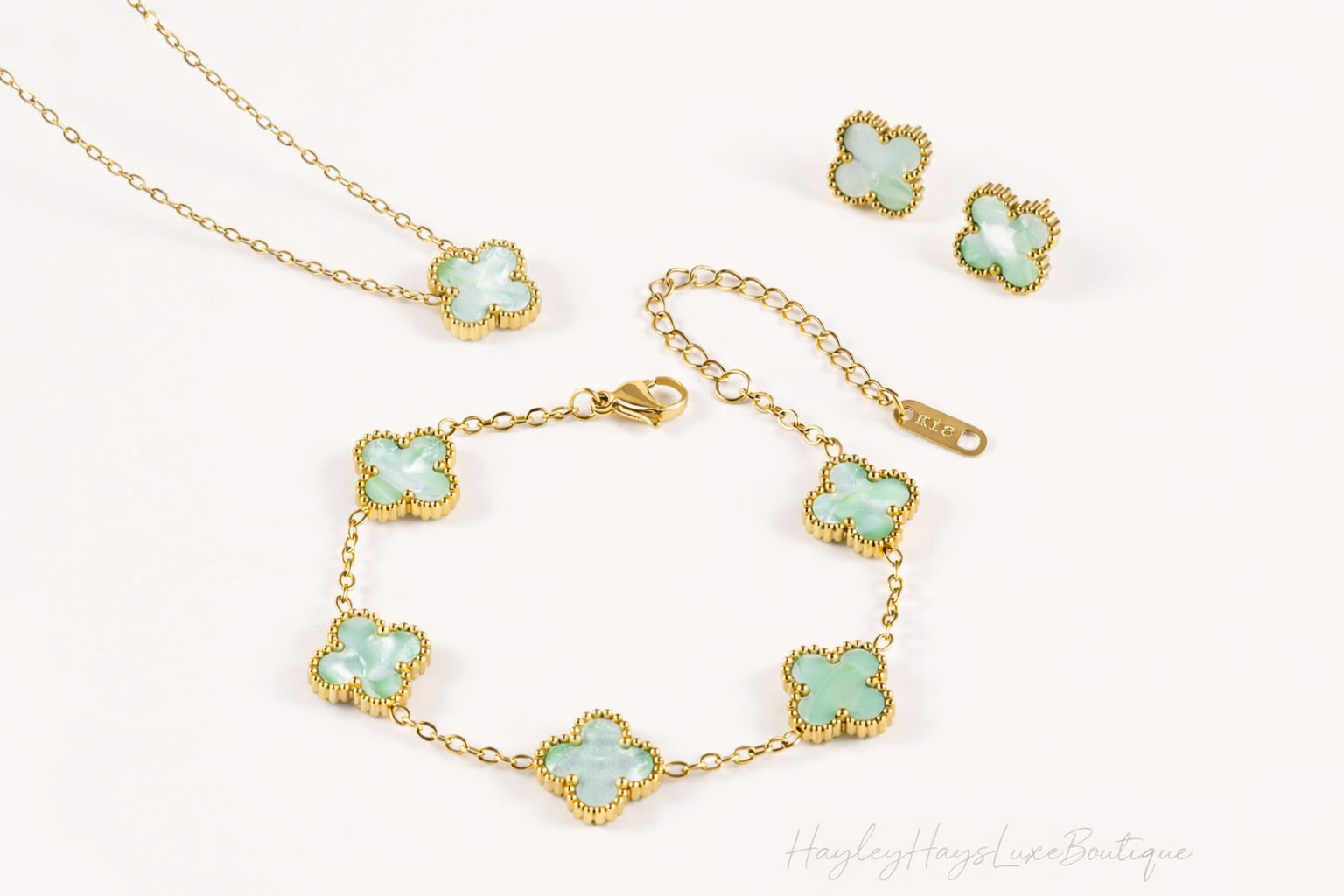 Ocean Green Clover Jewellery Set – 18ct Gold Plated