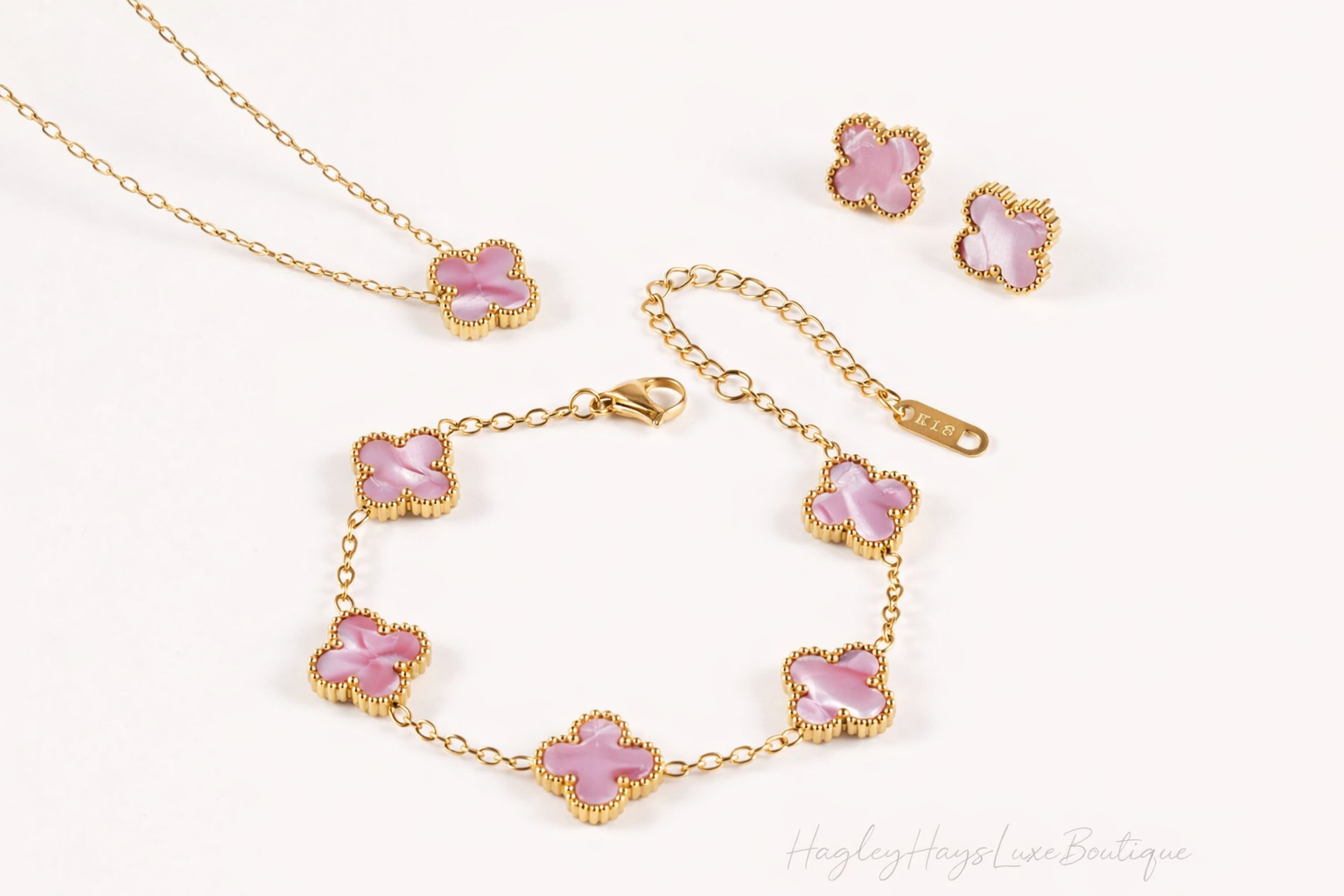 Ocean Pink Clover Jewellery Set – 18ct Gold Plated