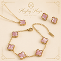 Ocean Pink Clover Jewellery Set – 18ct Gold Plated