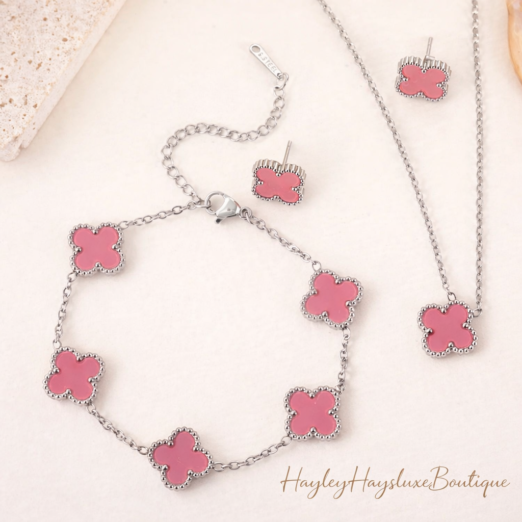 Pink clover jewellery set  Silvertone