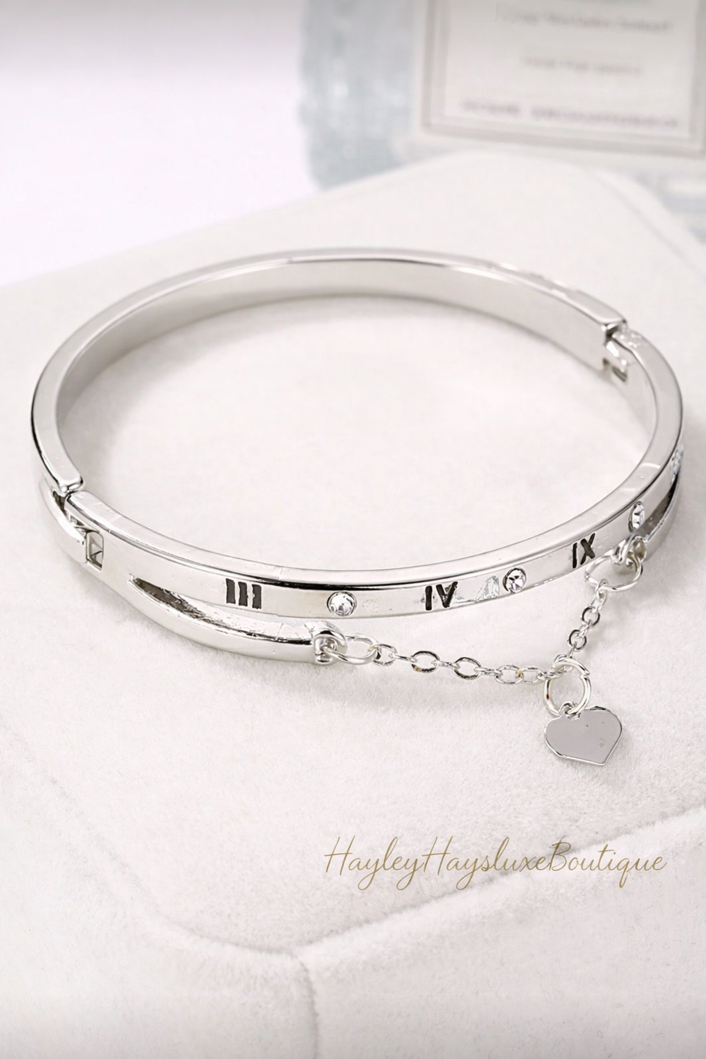 Silver Roman Numeral Heart Charm Bangle